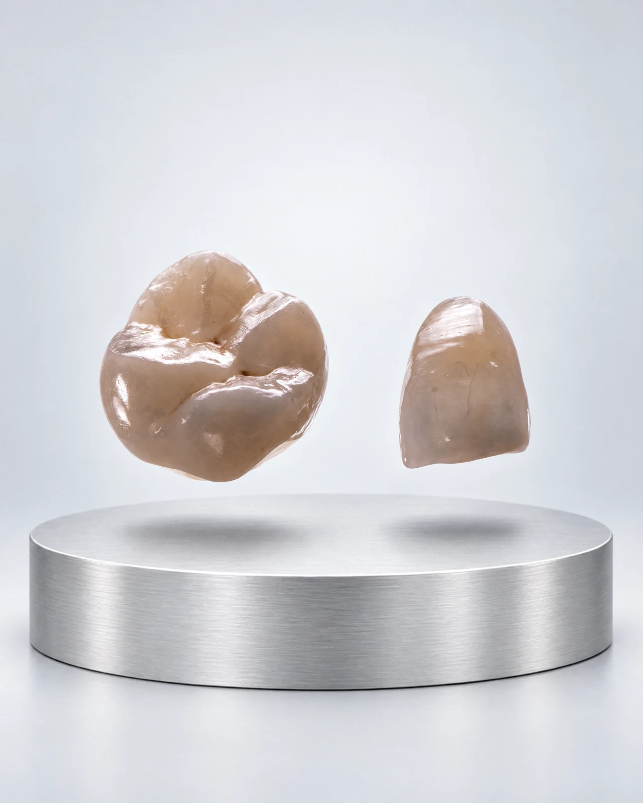 Concept presentation of the supplied posterior crown and anterior restoration floating above a brushed silver platform